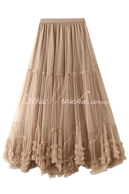 Tulle Stretch Waist Paneled Pleated Maxi Skirt