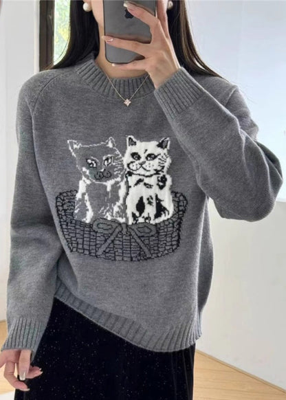 New White O Neck Animal Cozy Knit Sweaters Fall Qc028