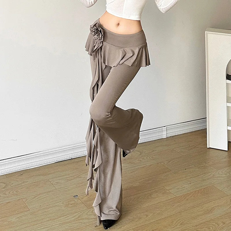 Flower Ribbons Straight Pants for Color High Strecth Folds Patchwork Female Summer Trousers