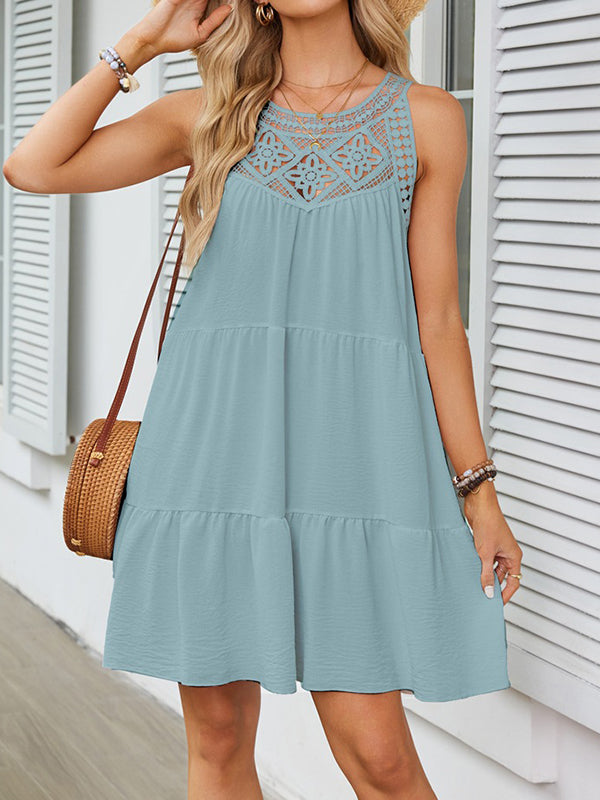 A-line Loose Hollow Pleated Color Split-joint Round-neck Mini Dresses