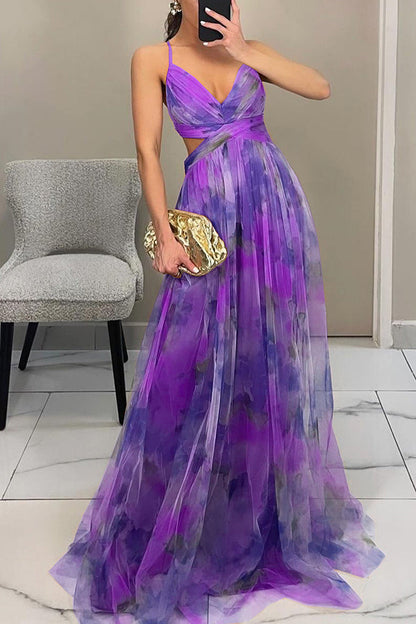 Giselle Tulle Render Print Cutout Waist Back Lace-up Maxi Dress