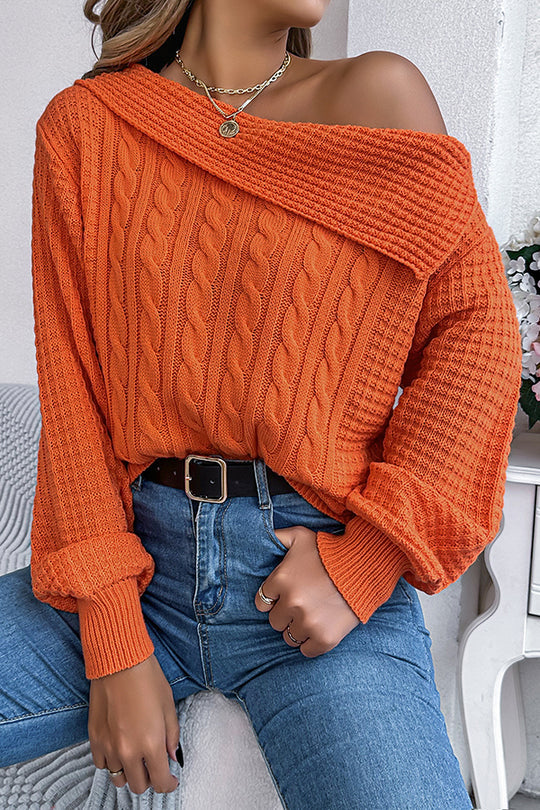Color One Shoulder Long Sleeve Knitted Sweater