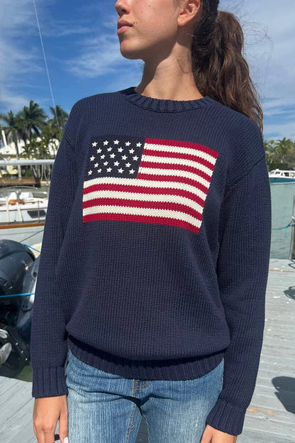 Flag Pattern Knitted Crewneck Long Sleeve Sweater