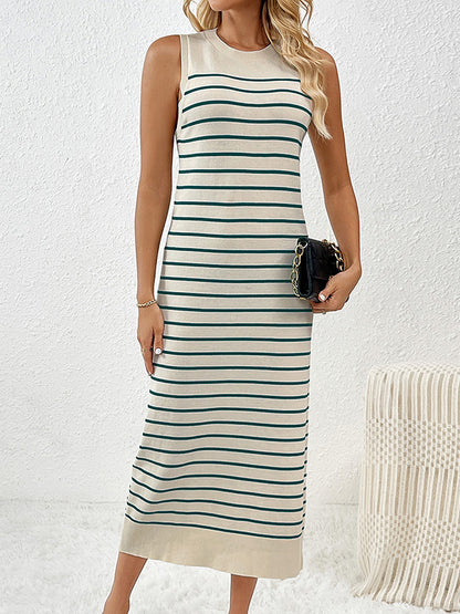 Loose Sleeveless Striped Round-neck Knit Dresses Midi Dresses