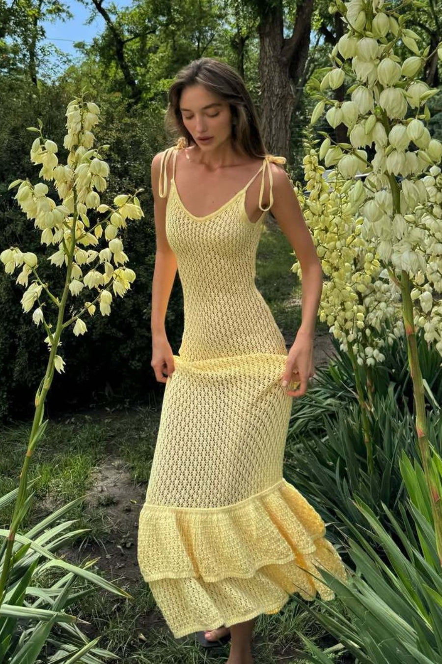 Ruffle Knit Cutout Sheer Cami Maxi Dress