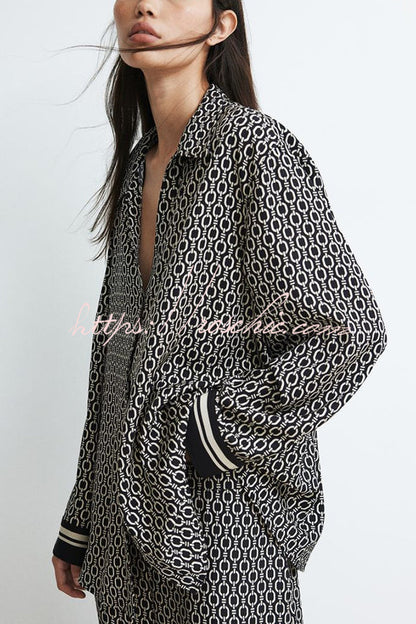 Unique Print Lapel Long Sleeve Loose Shirt and Elastic Waist Pocket Wide Leg Pants Set