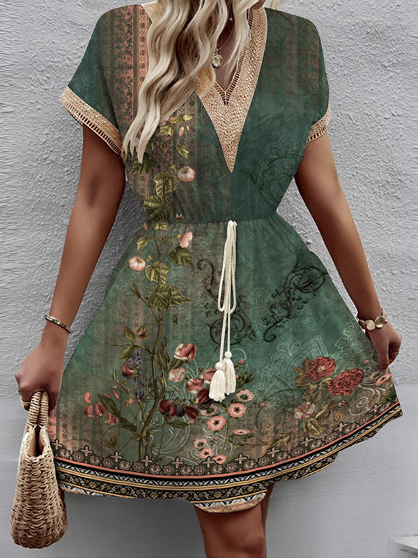 A-line Loose Elasticity Flower Print Hollow Split-joint Tasseled Tied Waist V-neck Mini Dresses