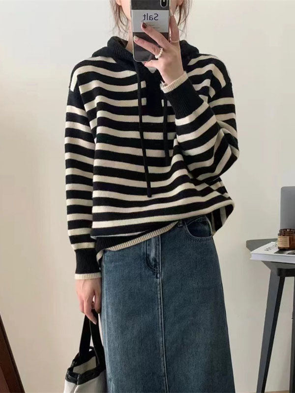 Black Hooded Drawstring V-neck Contrast Color Striped Long Sleeve Sweater Qx019