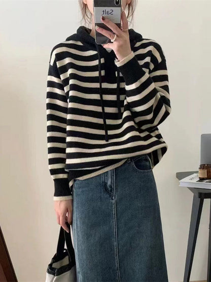Black Hooded Drawstring V-neck Contrast Color Striped Long Sleeve Sweater Qx019