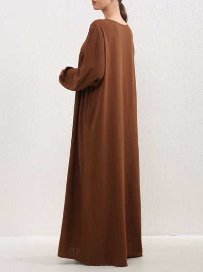 Long Sleeves Loose Pleated Color Split-joint Round-neck Maxi Dresses