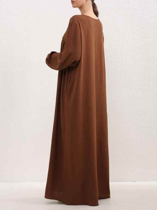 Long Sleeves Loose Pleated Color Split-joint Round-neck Maxi Dresses
