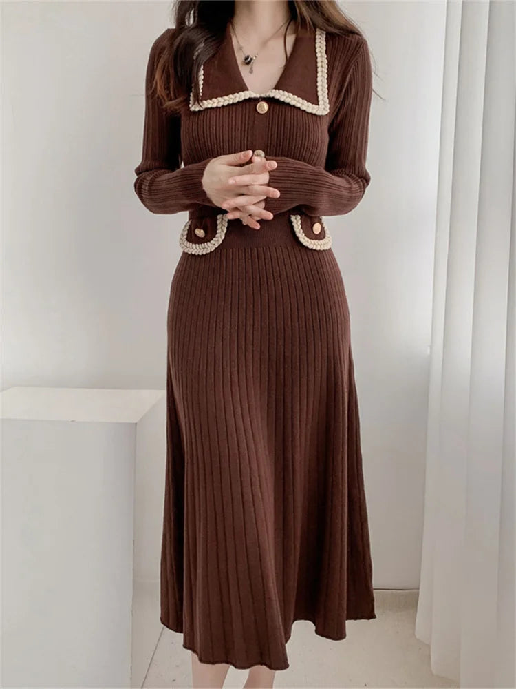 Female Long Dress Pocket Knitwear Ribbed Patchwork High Waist Commute Slim Party Dress Autumn Knit Dress