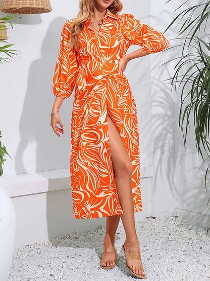 A-line High Waisted Elasticity Printed Tied Waist Lapel Midi Dresses Shirt Dress