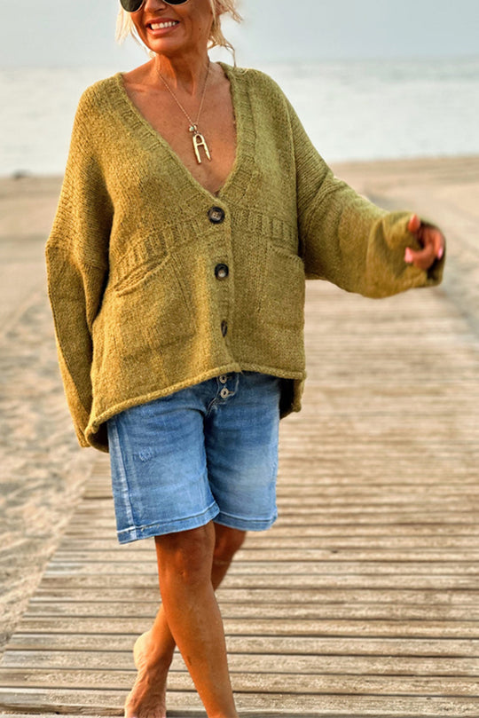 Color Loose Long Sleeve V-neck Pocket Knitted Sweater Cardigan