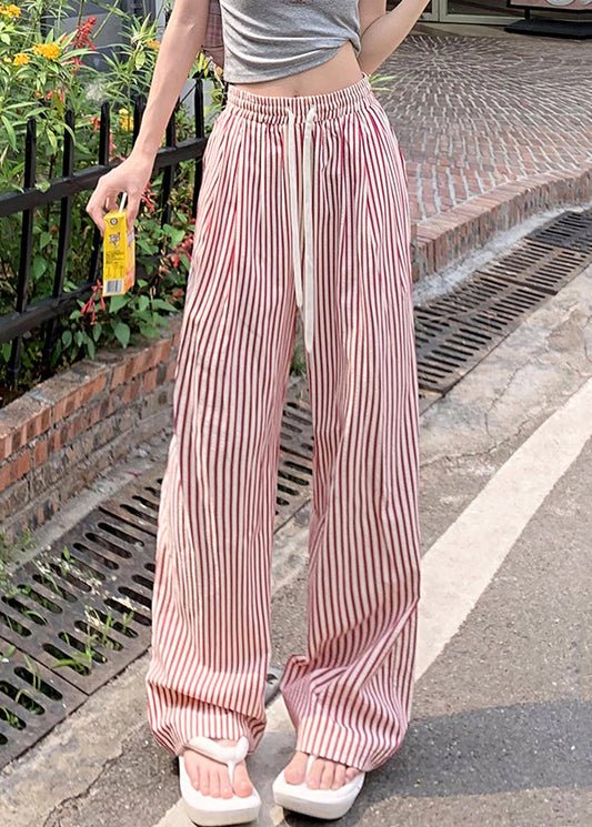 Pink Lace Up Pockets Cotton Pants High Waist Summer Nn008