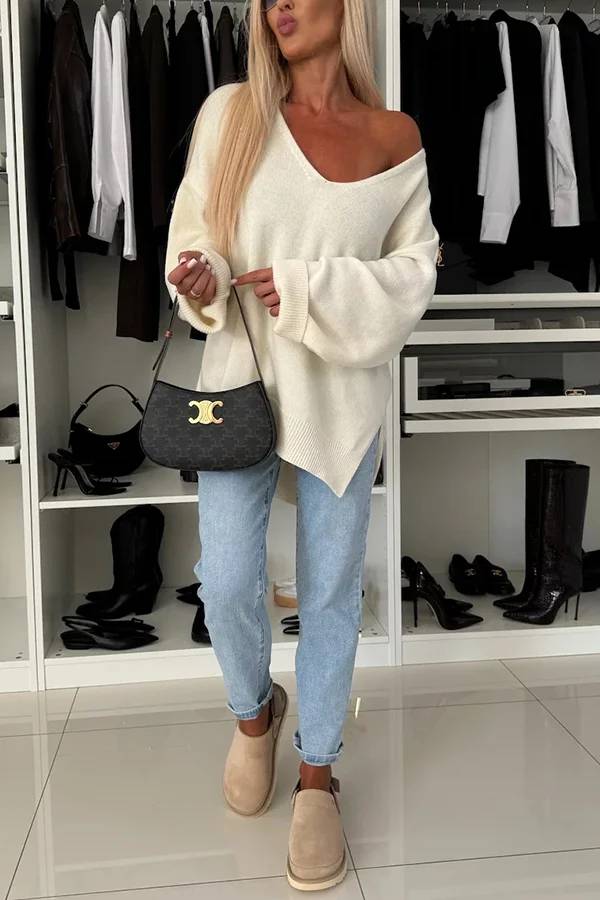 Cold Weather Knit Color Long Sleeve V-neck Irregular Relaxed Sweater