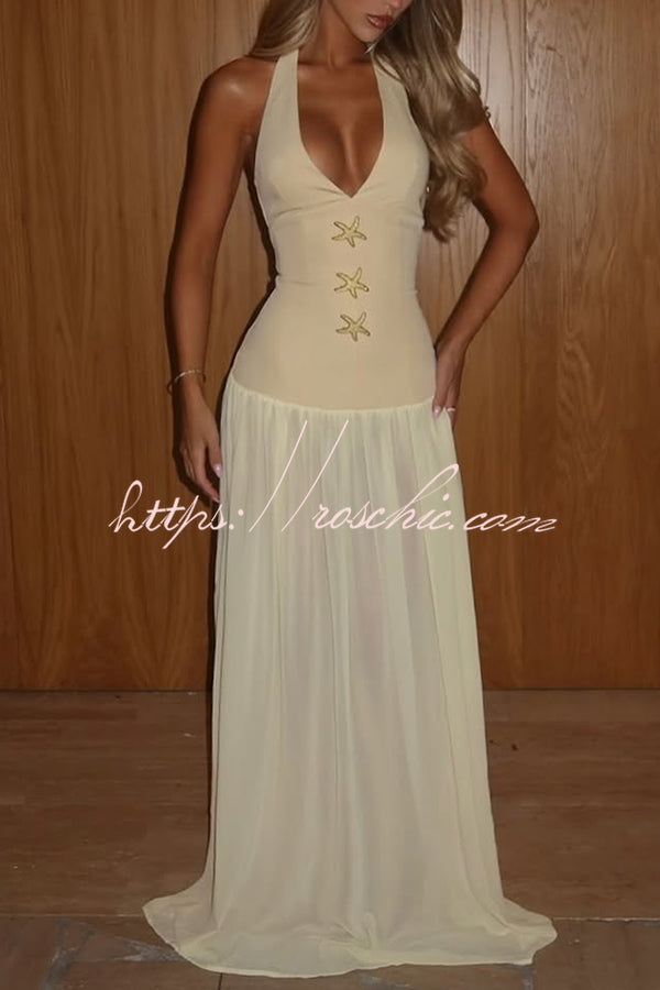 Giselle Gold Starfish Hardware Halter Back Lace-up Tulle Maxi Dress