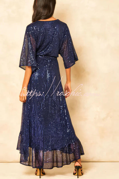 Color Sequined V-neck Waist Tie Loose Maxi Dress