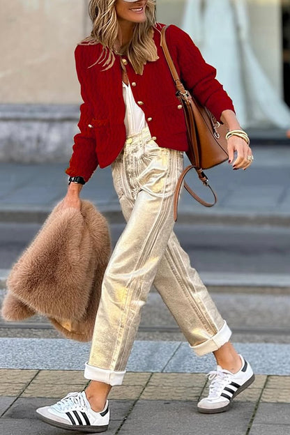 Color V-neck Long-sleeved Loose Pocket Knit Cardigan