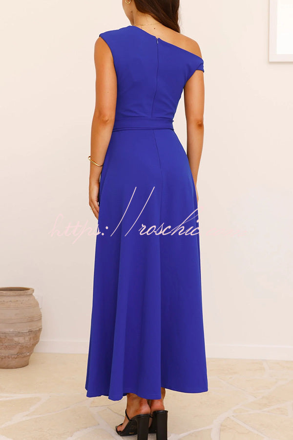 Color Sloped Collar Slim Fit Waist Lace Up Full Hem Maxi Dress