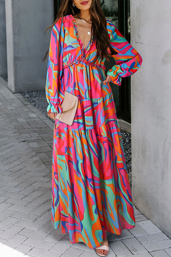 Multicolor Print Ruffle Trim Plunge Neckline Maxi Dress