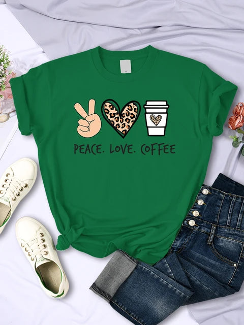 Peace Love Coffee Prints Tshirts Cotton T-shirts Brand Breathable Tees Shirts Street O-neck Tshirt for