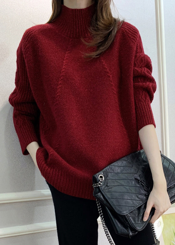 Red Turtleneck Cozy Cotton Knit Sweater Fall Qx033