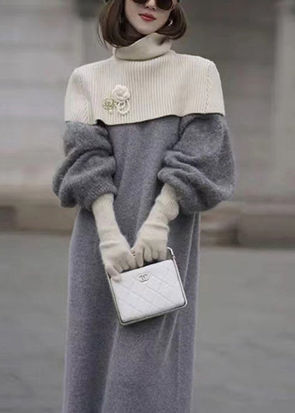 Italian Grey O Neck Woolen Sweater Dress Lantern Sleeve Wv019