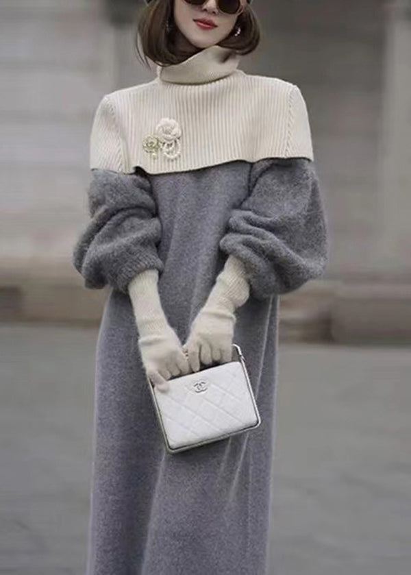 Italian Grey O Neck Woolen Sweater Dress Lantern Sleeve Wv019