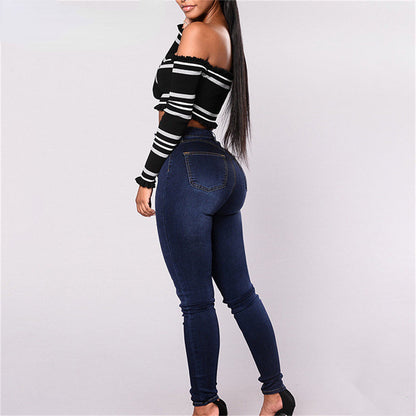 Skinny Double-breasted High Waist Pencil Jeans Slim Fit Stretch Denim Pants Full Length Denim Tight
