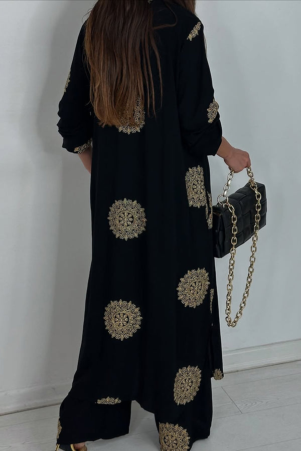 Unique Printed V-neck Long Sleeve Long Shirt and Elastic Waist Pocket Wide Leg Pants Set