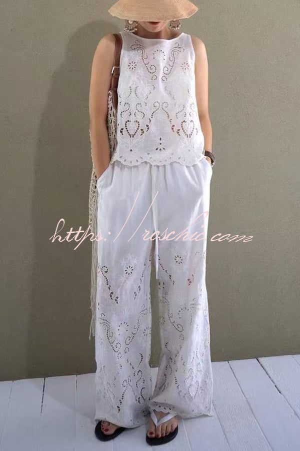 Linen Blend Color Embroidered Hollow Loose Vest and Elastic Waist Pocket Wide Leg Pants Set