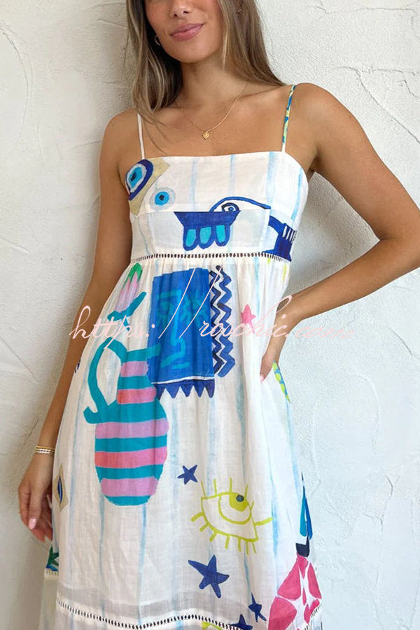 She's the Fun Linen Blend Playful Print Ladder Trim Midi Dress