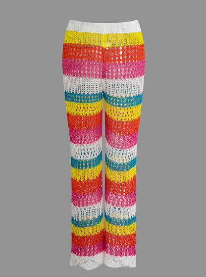 Color Block Crochet Hollow Out Drawstring Knit Pants