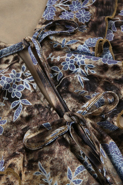 Animal Print Tie Front Ruffle Blouse