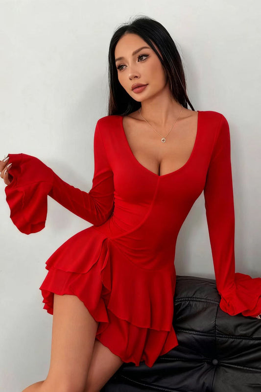 High Waist Slim Fit Color Long Sleeve Mini Dress