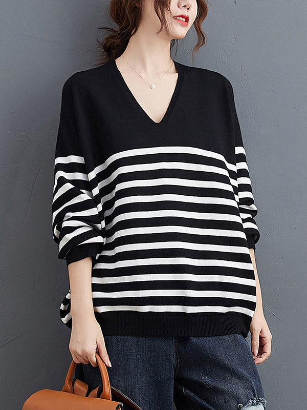 Loose Black V-neck Contrast Color Striped Long Sleeve Knit Sweater An1035