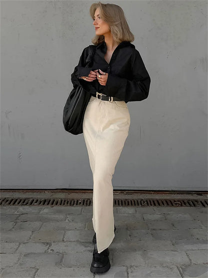 High Waist Split Maxi Skirt for Patchwork Pocket High Street Long Skirt Female Zipper Slim Maxi Skirt