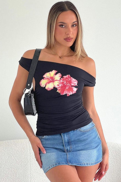 Off Shoulder Print Crop T-shirt