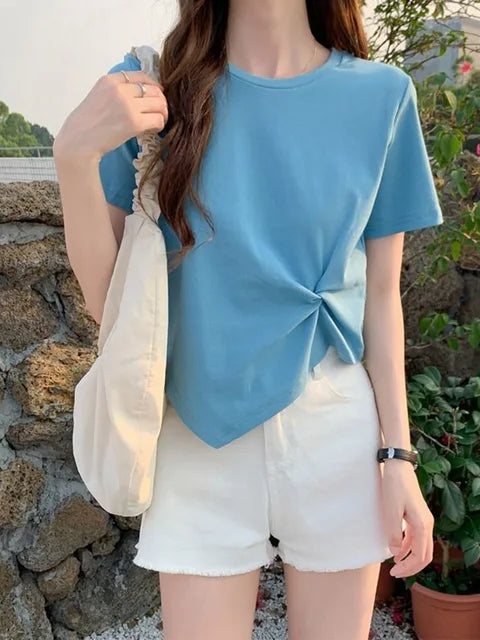 Y2k Irregular T-shirt Summer Skinny T Shirt Femme Short Sleeve Korean Kpop Slim O-neck Tshirt Woman Clothes Top