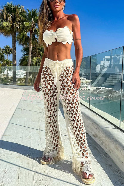 Color Bandeau Stretch Bikini Swimsuit and Elastic Waist Hollow Beach Pants Set