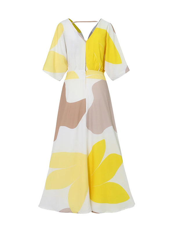 Loose Raglan Sleeve High-waisted Printed Deep V-neck Maxi Dresses