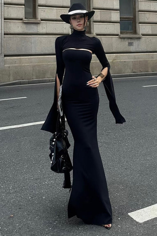 French High-end Slim Asymmetric Long-sleeve Maxi Dress