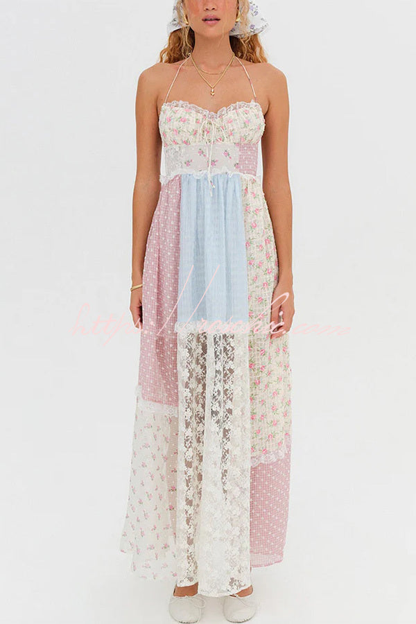 Lace Halterneck Backless Patchwork Maxi Dress
