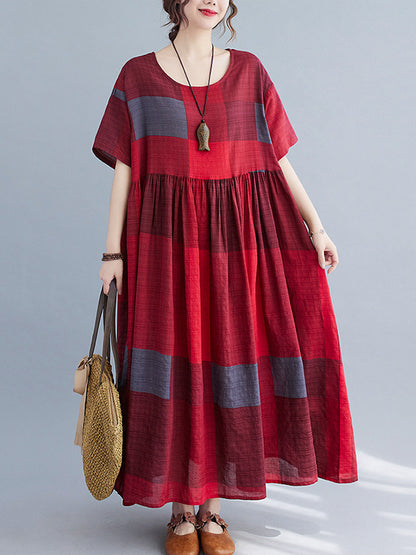 Artistic Retro Loose Color-block Pleated Round-neck Half Sleeves Midi Dress