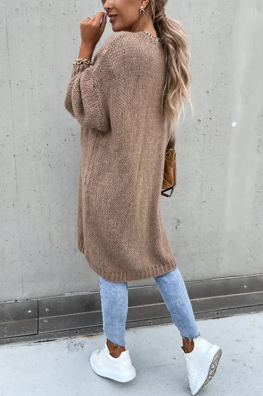 Color V-neck Knitted Long-sleeved Oversized Midi Cardigan