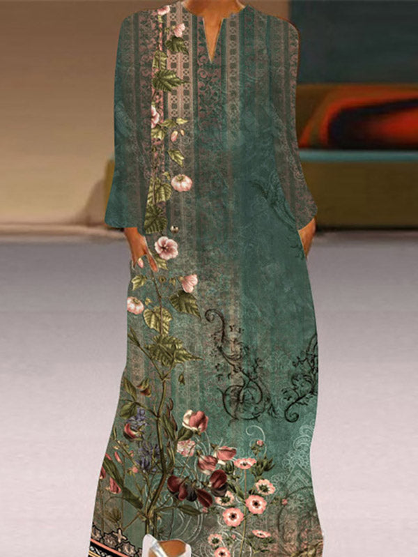 A-line Long Sleeves Flower Print Pockets V-neck Maxi Dresses