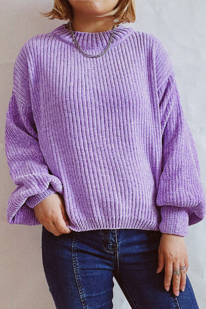 Color Round Neck Lantern Sleeve Short Knitted Sweater