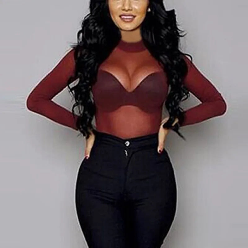 T Shirt See Through Transparent Mesh Tops Long Sleeve Sheer Slim Turtleneck T-shirt