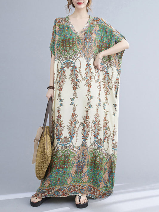 Printed V-neck Batwing Sleeves H-line Maxi Dress